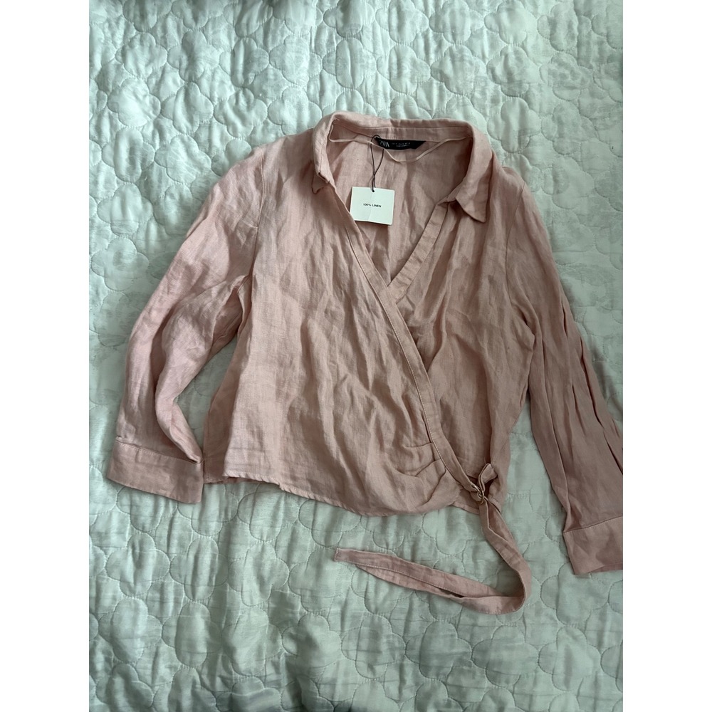 Zara Womens 100% Linen Wrap Top Blush Pink Long Sleeve Side Tie V-Neck Size S